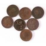 Seven George III and later halfpennies, two 1807, 1826, 1846, two 1853, 1858 (7)