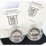 Two Royal Mint Queen Elizabeth II Alderney coronation anniversary silver one pound coins 1993 (2)