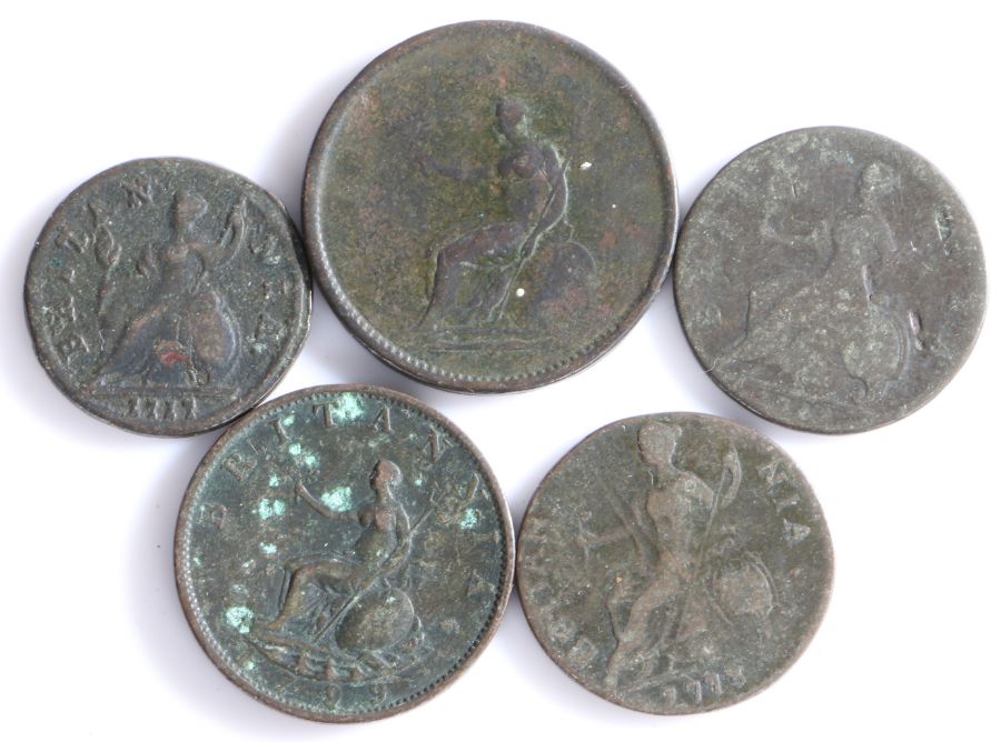 George III Half Penny, 1773, George III Penny, 1802, 1799, George II Half Penny and a George I