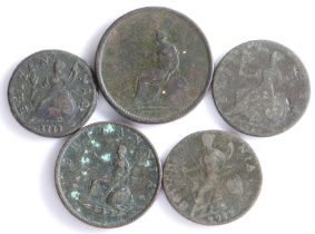 George III Half Penny, 1773, George III Penny, 1802, 1799, George II Half Penny and a George I