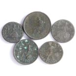 George III Half Penny, 1773, George III Penny, 1802, 1799, George II Half Penny and a George I