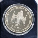 Solomon Islands Elizabeth II coronation anniversary silver proof 10 dollar coin, dated 1992