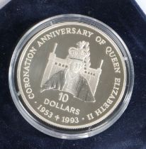 Solomon Islands Elizabeth II coronation anniversary silver proof 10 dollar coin, dated 1992