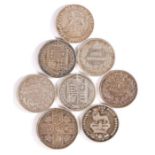 Eight George III and later shillings, 1787, 1826, 1873, 1878, 1884. 1889, 1891. 1917 (8)