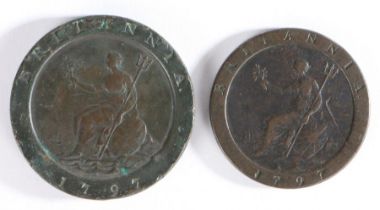 George III cartwheel penny and two pence coins, 1797