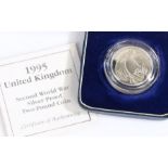 Royal Mint 1995 United Kingdom second world war silver proof £2 coin, one face with depiction of a