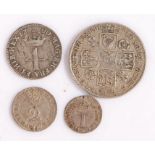 Coins, to include a George II Shilling, William III Four Pence, Anne Two Pence, James I One