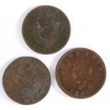 Three Hibernia half pennies, 1723, 1805, 1823 (3)