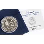 Royal Mint Tonga Elizabeth II coronation anniversary silver proof crown 1993