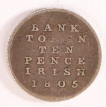 George III Irish ten pence bank token, with profile bust of George III, the reverse inscribed "