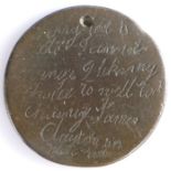 A George III coin love token, the polished copper coin with the engraved inscription to the