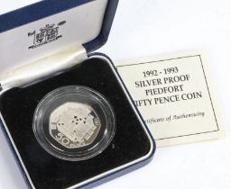 Royal Mint piedfort silver proof fifty pence piece 1992/93, cased