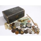 Collection of coins, to include George III penny, foreign coins, a Victoria silver coin brooch,