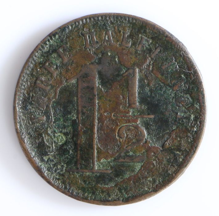 British Token, one and a halfpenny, THREE HALFPENNY, with central 1 1/2, the reverse WALTER W. TYLER