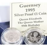 Two Royal Mint Queen Elizabeth II silver one pound coins, commemorating the Queen Mother's 95th