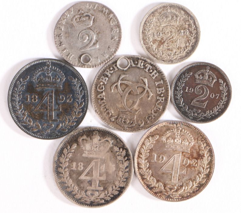 Maundy coins to include Charles II three pence 1679 (drilled), William III two pence 1701 (drilled),