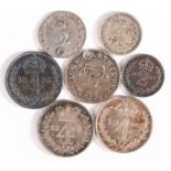 Maundy coins to include Charles II three pence 1679 (drilled), William III two pence 1701 (drilled),