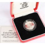Royal Mint United Kingdom silver proof one pound coin 1993, cased