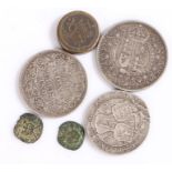 Victoria, One Rupee 1890, One Florin 1896, Half Crown 1887, two further coins and a weight