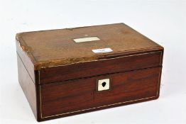 Victorian rosewood sewing box, with brass and mother of pearl inlay, the lid enclosing a