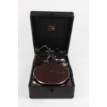 His Masters Voice gramophone, housed in a black leather effect case