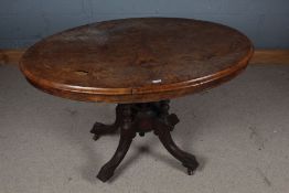 Victorian burr walnut loo table, the oval top with boxwood and ebony inlay, raised on four turned