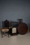 Victorian mahogany swing frame toilet mirror together with five chairs and corner hanging shelves (