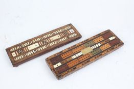 Marquetry inlaid and painted cribbage board, bone and marquetry inlaid cribbage board (2)