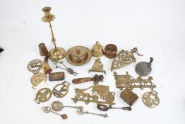 Works of art to include brass candlestick, bell, dish and cover, souvenir spoons, knife sharpener,