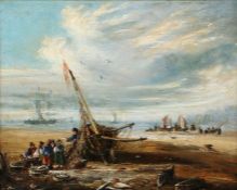 Continental School (late 18th/early 19th century) Beached boat with fishermen unloading the catch