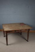 Late Victorian pine topped kitchen table, fitted two drawers and raised on tuned legs, 122cm wide,