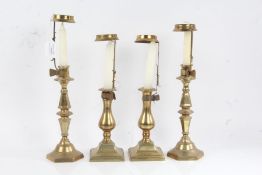 Pair of Victorian brass candlestick, with hexagonal tapering stems and bases, pair of Victorian