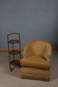 20th century oak folding cake stand, 94cm tall, and a gold upholstered tub chair (2)