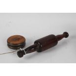 Turned wooden rolling pin, treen yoyo with metal outer bands
