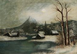 E.U. Rose (late 19th century) Naïve snow scene with village and mountain beyond, signed & dated 30/