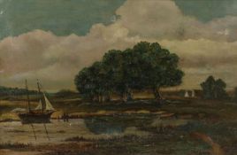 English School (19th Century) Naive river landscape with sailboat and figures, unsigned, oil on
