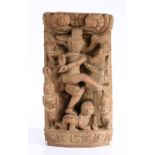 19th Century Indian wooden relief carved panel, depicting Shiva above attendants, 41cm high x 21cm