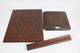 20th Century carved oak panel, with foliate decoration, 27cm square, mahogany panel with carved