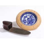 19th Century Toleware nutmeg grater, the long oval grater with a hinged lidded top and hinged