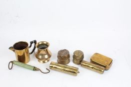 Brassware to include two coach wheel nuts, two clock weights, Salter pocket balance, travelling