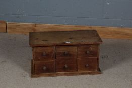 20th century pine table top chest, fitted six small drawers, 65cm wide, 34cm deep, 32.5cm high