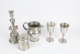 Pewter ware, to include candlestick, jug, pot and cover, pair of goblets (5)