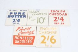 Set of five late 20th Century dairy or grocer shop ceramic tiles, inscribed English Cheddar, Cream