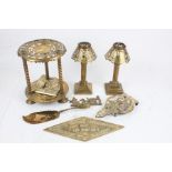 Brassware to include pair of candlesticks stamped "MOSANIC LONDON" to the base, fish slice, Queen