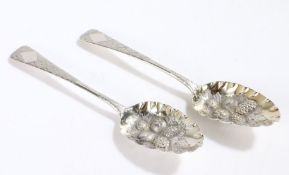 Pair of George III later decorated berry spoons, London 1812, maker WE, with foliate diamond pattern