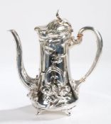 WMF Art Nouveau coffee pot, the naturalistic leaf form cover above a scroll handle and body with