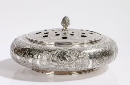 Middle Eastern pot pourri dish and cover the pierced foliate engraved lid with pineapple finial