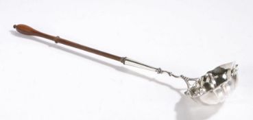 George III silver toddy ladle, London 1774, the shaped bowl initialled W.B, with turned fruitwood