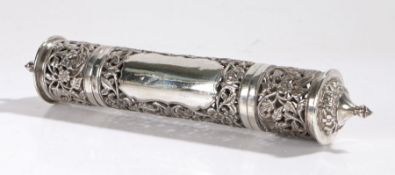 Silver coloured metal Megillah scroll case, the case with detachable cap, pierced foliate decoration