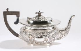 Edward VII silver teapot, Birmingham 1903, makers mark rubbed, with angular wooden handle and